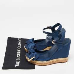 Pre Owned Tory Burch Blue Canvas and Leather Espadrille Wedge Ankle Strap Sandals Size 38