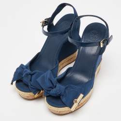 Pre Owned Tory Burch Blue Canvas and Leather Espadrille Wedge Ankle Strap Sandals Size 38