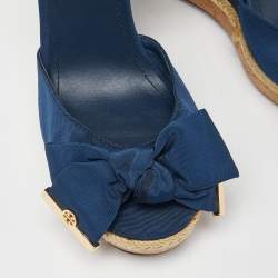 Pre Owned Tory Burch Blue Canvas and Leather Espadrille Wedge Ankle Strap Sandals Size 38