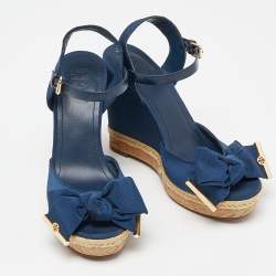 Pre Owned Tory Burch Blue Canvas and Leather Espadrille Wedge Ankle Strap Sandals Size 38
