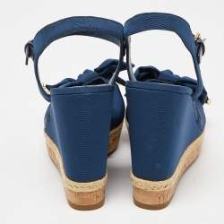 Pre Owned Tory Burch Blue Canvas and Leather Espadrille Wedge Ankle Strap Sandals Size 38