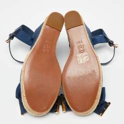 Pre Owned Tory Burch Blue Canvas and Leather Espadrille Wedge Ankle Strap Sandals Size 38