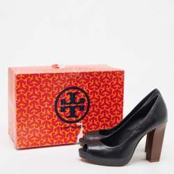 Pre Owned Tory Burch Black Leather Cantrelle Peep Toe Platform Pumps Size 37.5