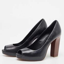 Pre Owned Tory Burch Black Leather Cantrelle Peep Toe Platform Pumps Size 37.5