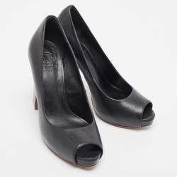 Pre Owned Tory Burch Black Leather Cantrelle Peep Toe Platform Pumps Size 37.5