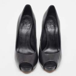 Pre Owned Tory Burch Black Leather Cantrelle Peep Toe Platform Pumps Size 37.5
