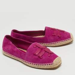 Pre Owned Tory Burch Purple Nubuck Leather Woven Double T Aline Espadrille Flats Size 36.5