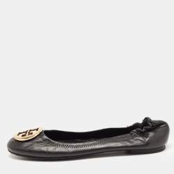 Pre Owned Tory Burch Black Leather Reva Pebbled Logo Ballet Flats Size 38.5