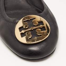 Pre Owned Tory Burch Black Leather Reva Pebbled Logo Ballet Flats Size 38.5