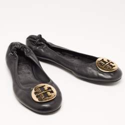 Pre Owned Tory Burch Black Leather Reva Pebbled Logo Ballet Flats Size 38.5