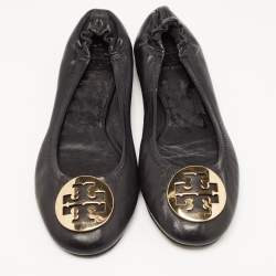 Pre Owned Tory Burch Black Leather Reva Pebbled Logo Ballet Flats Size 38.5