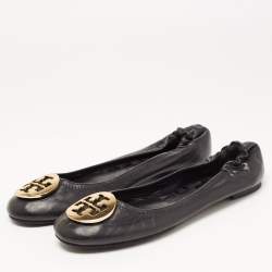 Pre Owned Tory Burch Black Leather Reva Pebbled Logo Ballet Flats Size 38.5