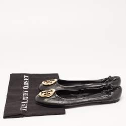 Pre Owned Tory Burch Black Leather Reva Pebbled Logo Ballet Flats Size 38.5