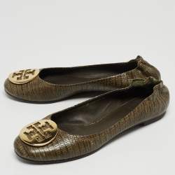 Pre Owned Tory Burch Olive Green Lizard Embossed Leather Minnie Ballet Flats Size 39.5