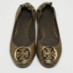 Pre Owned Tory Burch Olive Green Lizard Embossed Leather Minnie Ballet Flats Size 39.5