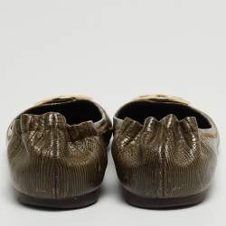 Pre Owned Tory Burch Olive Green Lizard Embossed Leather Minnie Ballet Flats Size 39.5