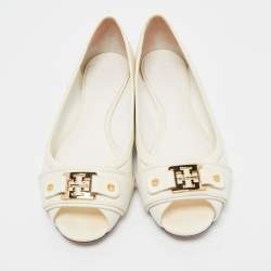 Pre Owned Tory Burch Off White Leather Cline Peep Toe Flats Size 38