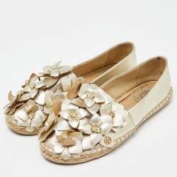 Tory Burch Gold Leather Blossom Espadrille Flats Size 36.5