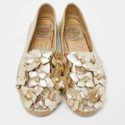 Tory Burch Gold Leather Blossom Espadrille Flats Size 36.5