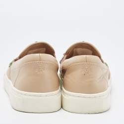 Pre Owned Tory Burch Beige Leather and Suede Crystal Embellished Slip On Sneakers Size 36.5