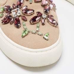 Pre Owned Tory Burch Beige Leather and Suede Crystal Embellished Slip On Sneakers Size 36.5