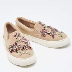 Pre Owned Tory Burch Beige Leather and Suede Crystal Embellished Slip On Sneakers Size 36.5
