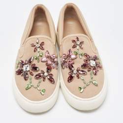 Pre Owned Tory Burch Beige Leather and Suede Crystal Embellished Slip On Sneakers Size 36.5