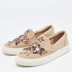 Pre Owned Tory Burch Beige Leather and Suede Crystal Embellished Slip On Sneakers Size 36.5
