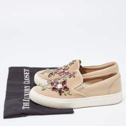 Pre Owned Tory Burch Beige Leather and Suede Crystal Embellished Slip On Sneakers Size 36.5