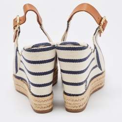 Tory Burch Navy Blue/White Striped Canvas Espadrille Wedge Sandals Size 39