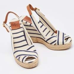 Tory Burch Navy Blue/White Striped Canvas Espadrille Wedge Sandals Size 39