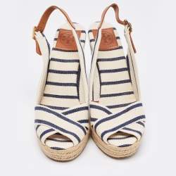 Tory Burch Navy Blue/White Striped Canvas Espadrille Wedge Sandals Size 39