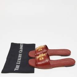 Pre Owned Tory Burch Brown Leather Eleanor Flat Slides Size 36.5