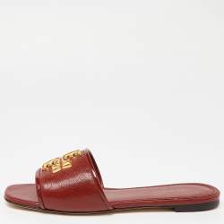 Pre Owned Tory Burch Brown Leather Eleanor Flat Slides Size 36.5