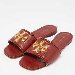 Pre Owned Tory Burch Brown Leather Eleanor Flat Slides Size 36.5