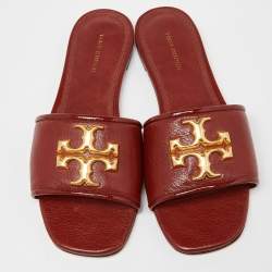 Pre Owned Tory Burch Brown Leather Eleanor Flat Slides Size 36.5
