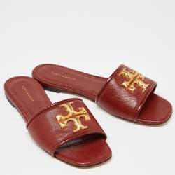 Pre Owned Tory Burch Brown Leather Eleanor Flat Slides Size 36.5