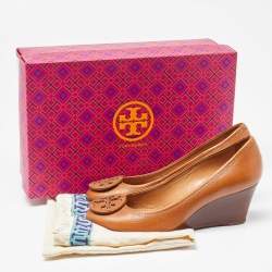 Pre Owned Tory Burch Brown Leather Sally Wedge Pumps Size 36
