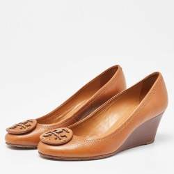 Pre Owned Tory Burch Brown Leather Sally Wedge Pumps Size 36