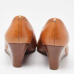 Pre Owned Tory Burch Brown Leather Sally Wedge Pumps Size 36