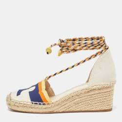Pre Owned Tory Burch Multicolor Canvas and Nubuck Laguna Espadrille Wedge Sandals 35.5