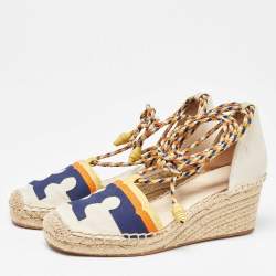 Pre Owned Tory Burch Multicolor Canvas and Nubuck Laguna Espadrille Wedge Sandals 35.5