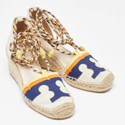 Pre Owned Tory Burch Multicolor Canvas and Nubuck Laguna Espadrille Wedge Sandals 35.5