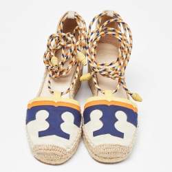 Pre Owned Tory Burch Multicolor Canvas and Nubuck Laguna Espadrille Wedge Sandals 35.5