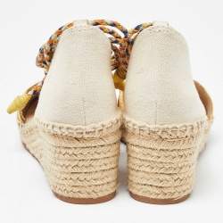 Pre Owned Tory Burch Multicolor Canvas and Nubuck Laguna Espadrille Wedge Sandals 35.5