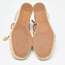 Pre Owned Tory Burch Multicolor Canvas and Nubuck Laguna Espadrille Wedge Sandals 35.5