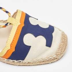 Pre Owned Tory Burch Multicolor Canvas and Nubuck Laguna Espadrille Wedge Sandals 35.5