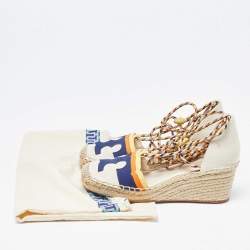 Pre Owned Tory Burch Multicolor Canvas and Nubuck Laguna Espadrille Wedge Sandals 35.5