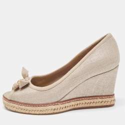 Pre Owned Tory Burch Grey Canvas Jackie Bow Espadrille Wedge Pumps Size 37