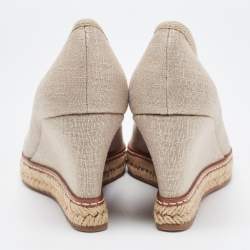 Pre Owned Tory Burch Grey Canvas Jackie Bow Espadrille Wedge Pumps Size 37